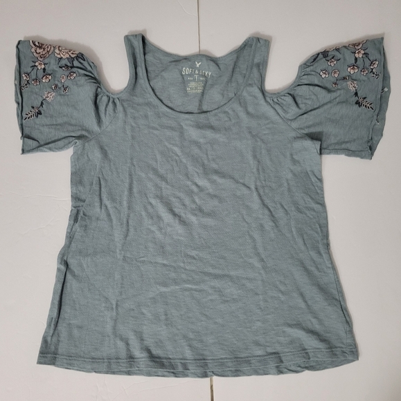 American Eagle Outfitters Blue Cold Shoulder Floral Embroidered Shirt - Picture 1 of 8